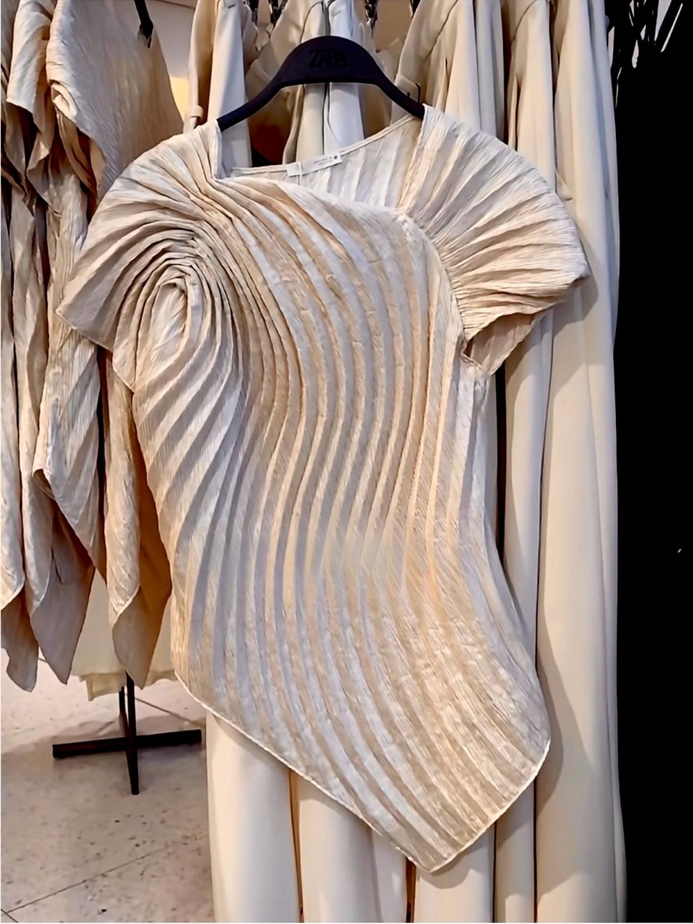 Zara NWT ZW COLLECTION luxurious Pleated Short Sleeve champagne cream formal Top - Picture 6 of 13